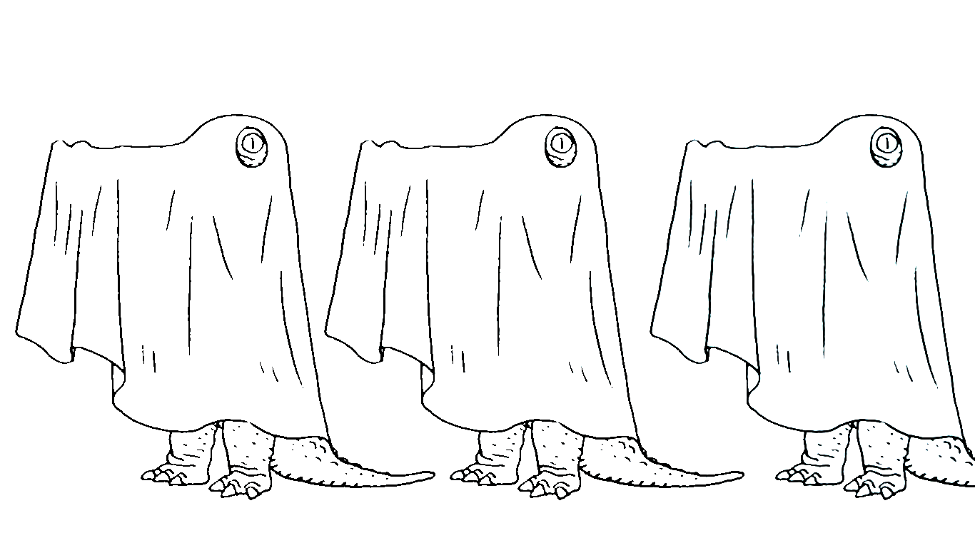 A drawing of three alligators dressed as sheet ghosts